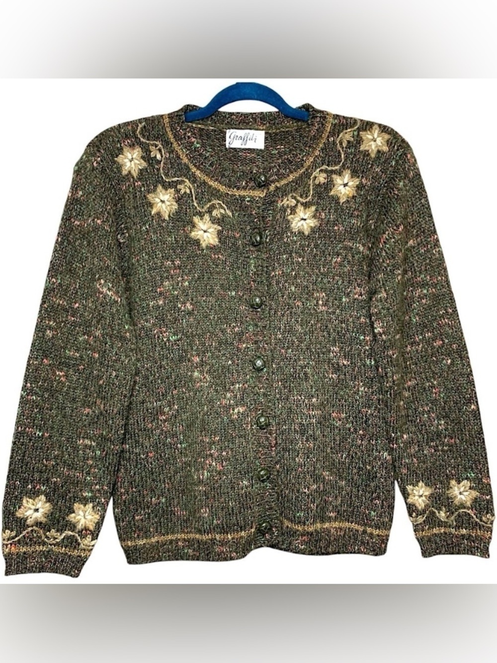 Vintage 90 Knit Cardigan Sweater S Green Floral Embroidery Neutral Classic Top